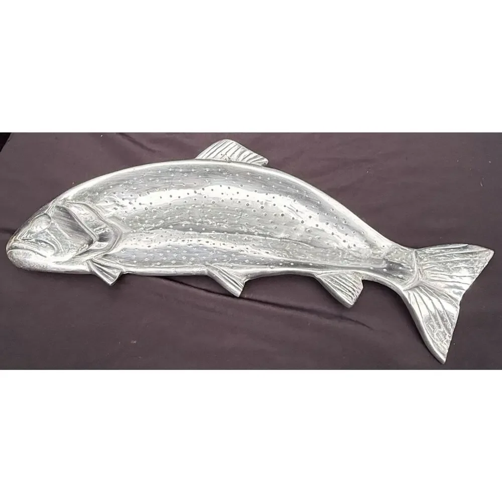 Vintage Cast Aluminum Silver Rainbow Trout Fish Shaped Serving Bowl Platter 21
